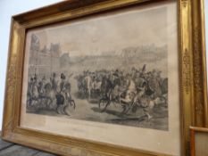 A large Antique folio print of Napoleon and troops. Empire style gilt frame with key