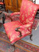 A pair of Geo.II.style large armchairs with carved shaped arms and well shaped cabriole forelegs