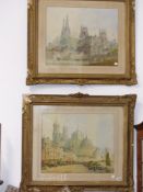 19th.C. Continental School. A pair of Cathedral cityscapes, signed watercolours