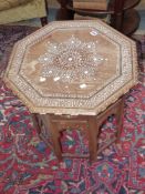 A Indian hardwood, bone and ebony inlaid octagonal occasional table