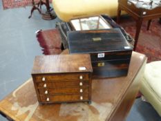 A 19th.c.bird's eye maple miniature chest of four drawers together with a coromandel fitted dressing