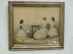 A 19th Century naive watercolour of three girls in a drawing room, one holding a large doll