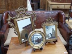 Two carved giltwood Italian small mirrors and a convex mirror