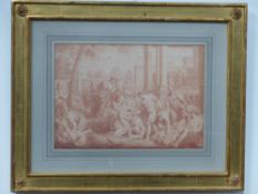 Old master red chalk drawing. Allegorical figures within classical architectural setting
