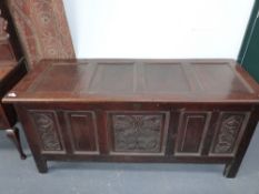 An 18th.C. Oak coffer with unusual five panel front