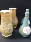 A pair of unusual Victorian opaline vases of panel form with polychrome floral and insect