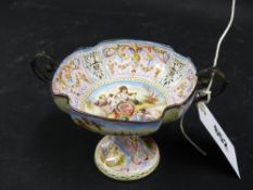 A finely enamelled Austrian twin handle footed tazza. Over all figural, landscape and Arabesque