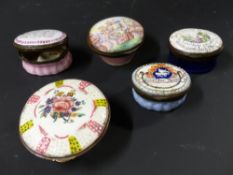 Five assorted early enamelled patch boxes