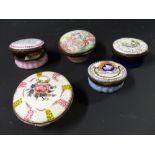 Five assorted early enamelled patch boxes