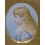 English School (19th Century), Miniature portrait of a young girl in blue dress, indistinctly signed