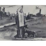 Josef Herman (1911-2000) Polish (ARR), Huntsman with dog, pen and ink wash, 19.5 x 24.5cm. Remains