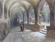 Frans Wilhelm Odelmark (1849-1937) Swedish, "Klostergang i Vinter", monk in cloisters, a snowy