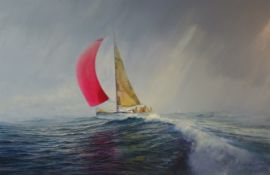Colin Wynn (20th/21st Century) New Zealand, "Rain Swept Spray" - sailing boat in an extensive