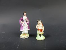 Two 19th Century miniature pottery figures of 'Billy Waters' and a lady. 3cm and 4cm high