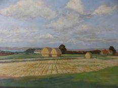 Wilfrid Ramsey (ealry 20th Century), Extensive landscape with hay ricks and sailing boats beyond,