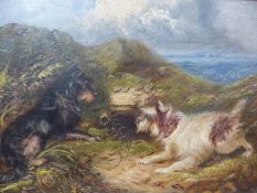 Attributed to J. Langlois (19th Century), Two terriers by a rabbit warren, oil on board, 21.5 x