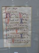 Two illuminated music scores from the Dominican Antiphonale, 34 x 23.5cm, together with a