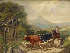 Henry Charles Woollett (c.1826-1893), Drover with shepherd and sheep in a mountainous landscape,
