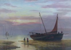 Bernard Benedict Hemy (1845-1913), Beached vessels with fisherfolk at sunset, signed, oil on