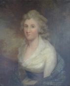 Manner of John Hoppner, Waistlength portrait of a lady in white dress, oil on canvas, 59.5 x 49.