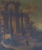 English School (late 18th/early 19th Century), Landscape with figures by classical ruins, oil on