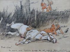 Lionel Edwards (1878-1966), Hunting scene with fallen horse, signed and inscribed, ink and