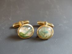 A pair of gentleman's 9ct gold moss agate set cufflinks