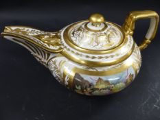 An early 19th Century Derby porcelain teapot. With hand painted panels of fruit surrounded by