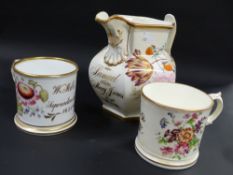 A Victorian cream glazed hexagonal marriage commemorative jug. Painted with dog roses. 'Samuel and