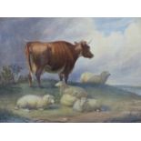 Manner of Thomas Sidney Cooper, Cattle and sheep in a river landscape, watercolour, 50.5 x 68.5cm.