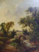 J.S. Barber (19th Century), Figures by a stone bridge, signed, oil on canvas, 29 x 24cm.