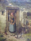 B. Friedrich(?) (19th Century), Cottage doorway with woman, child and chickens, signed indistinctly,