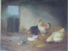 English School (19th Century), Chickens in a stable, oil on canvas, 24 x 28.5cm.