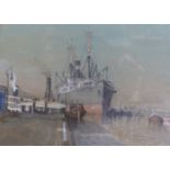 Donald Maxwell (1877-1936), Shipyard and companion of ship at the dock side, signed, watercolour,