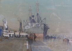 Donald Maxwell (1877-1936), Shipyard and companion of ship at the dock side, signed, watercolour,