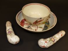 A Liverpool tea bowl and saucer. The scolding woman pattern. Two knife handles, possibly Bow (3)