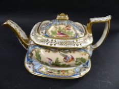 An early 19th Century teapot and stand. Painted with extensive ornithological and butterfly scenes