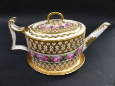 An early Derby porcelain oval teapot, cover and stand. Painted with borders of pink roses and