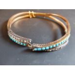 An Edwardian rose cut diamond and turquoise set hinged stiff bracelet (for restoration)