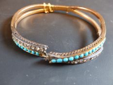 An Edwardian rose cut diamond and turquoise set hinged stiff bracelet (for restoration)