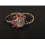 A circa 1920's moonstone and pink gem set cluster ring. Together with an eternirty ring (2)
