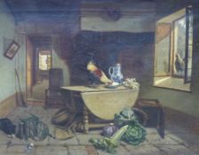 Gustave Goemans (19th Century), Chickens and a cat stealing food from a kitchen, signed, oil on