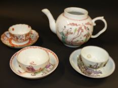 A late 18th Century Bristol teapot. (For restorataion). Various tea bowls and saucers