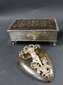 A silver rectangular jewel box, With pique decorated lid, Birmingham 1910. 16 x 10cm. Together