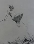 Warren Davis (1865-1928), Rising water - nude on a rock, signed in pencil, etching, 19.5 x 15cm.