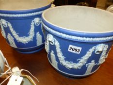 Two large Wedgwood blue Jasper ware jardinieres. 24cm high