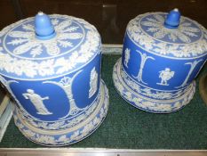 Two antique large blue Jasper ware dome top cheese dishes with similar classical figural decoration.