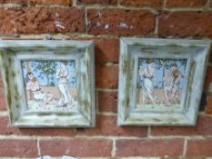 Two antique Wedgwood and Sons polychrome tiles, each of two classical figures with a musical