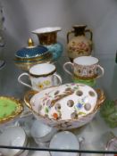 A small group of Wedgwood and Worcester cabinet pieces to include two vases, two tygs, pin trays,