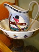 A Wedgwood pottery wash bowl and jug decorated with Gollies. Diameter of bowl 29cm